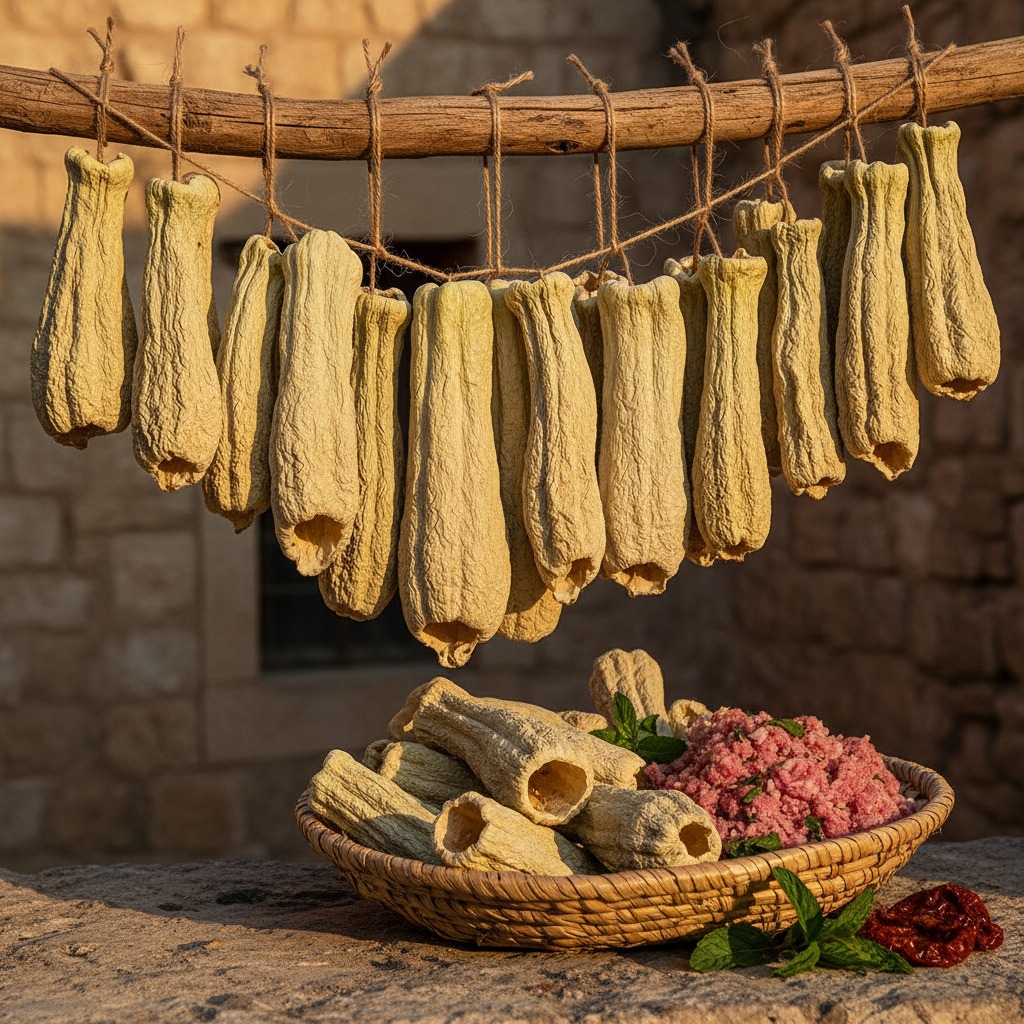 Ahşap bir dala iplerle asılmış kurutulmuş dolmalık kabaklar ve altında kıyma dolu hasır bir sepet duruyor.