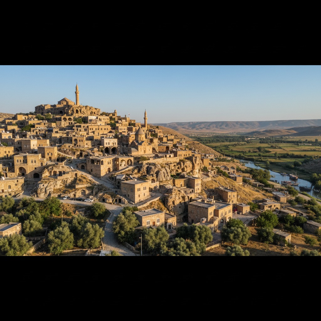 Fırat Nehri kenarındaki tepede kurulu, taş evleri ve minareleriyle dikkat çeken tarihi Rumkale yerleşimi.